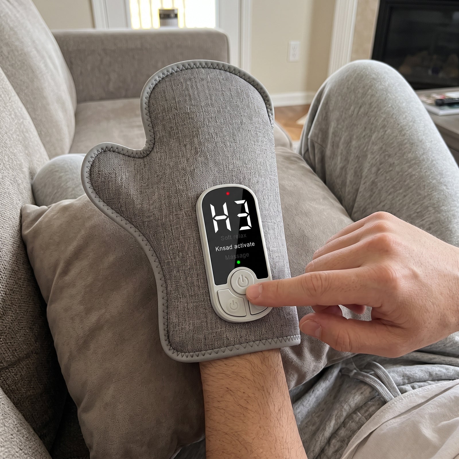 Choosing a Palmhaven control button with the glove on a cushion