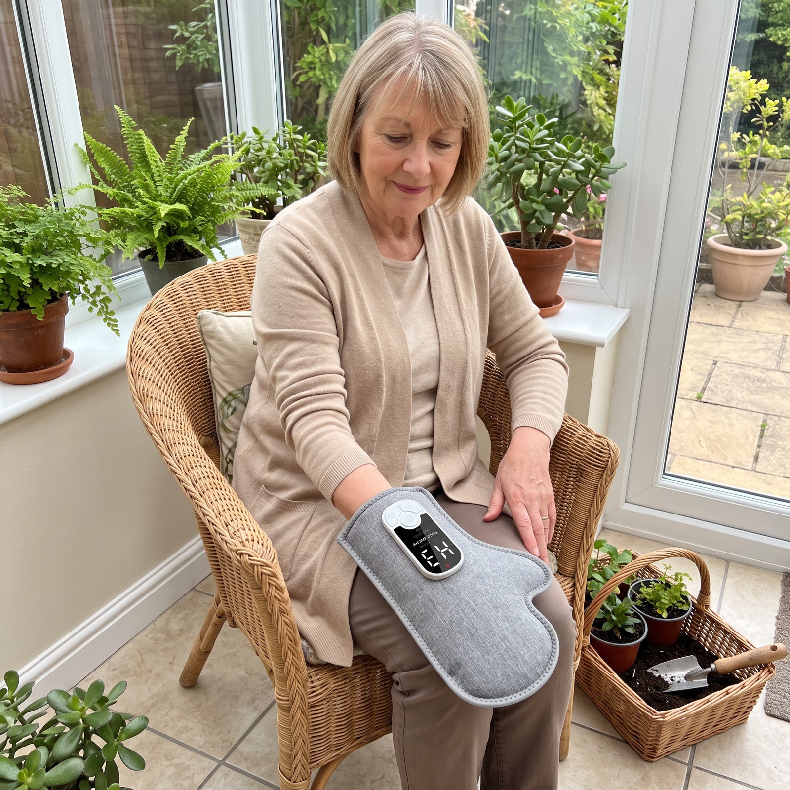 Older woman using Palmhaven in a sunroom after gardening