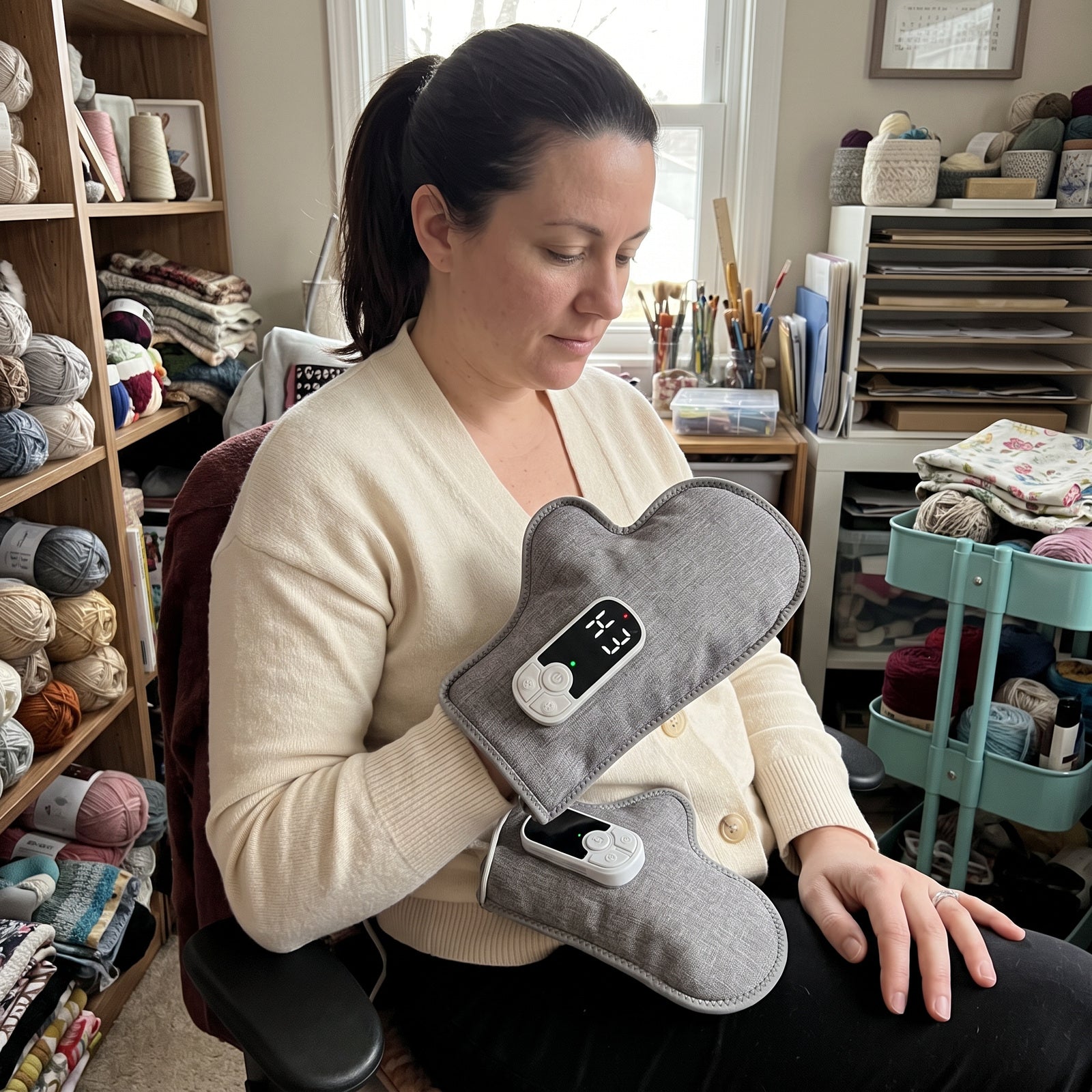 Woman taking a selfie with Palmhaven in her craft room