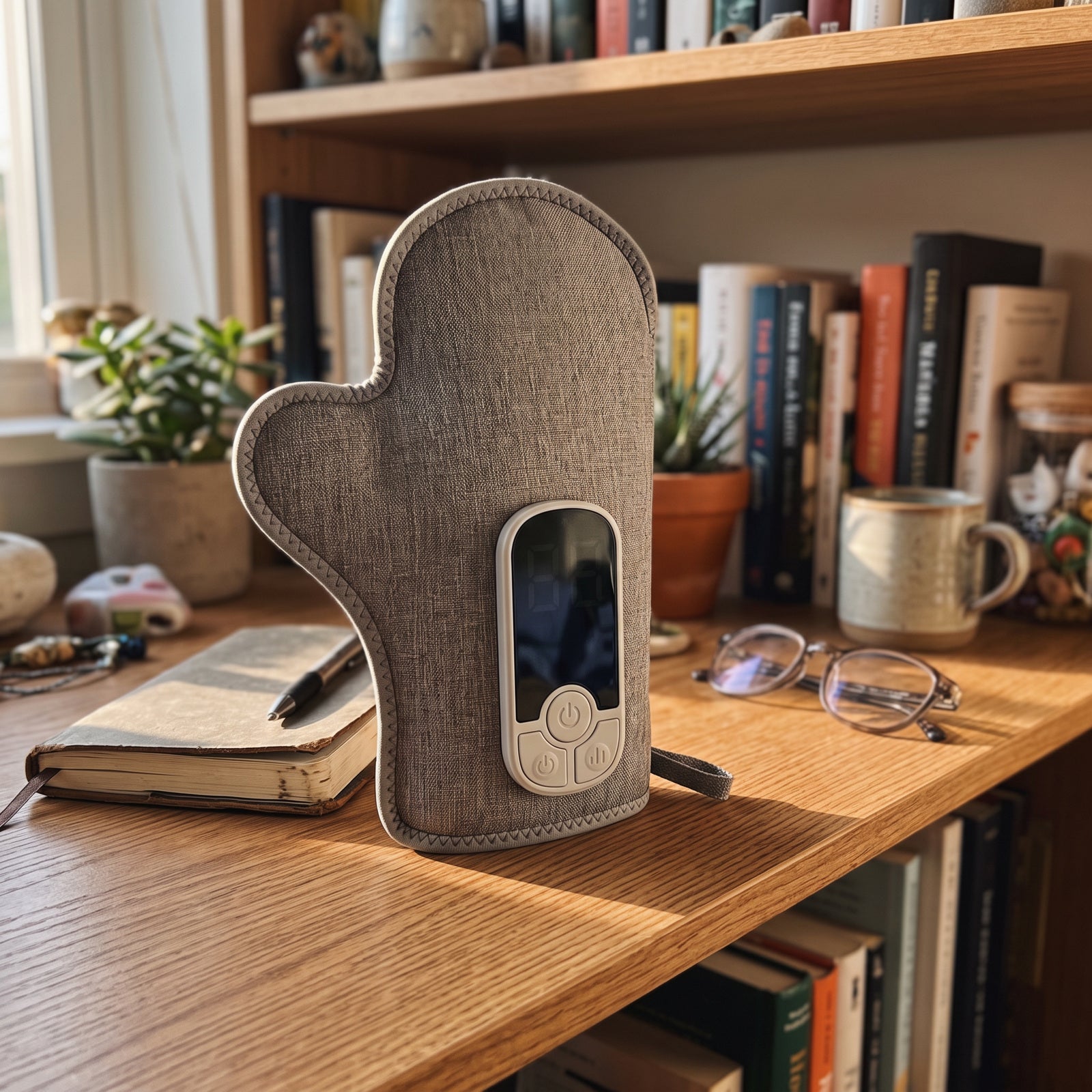 Palmhaven on a home-office shelf beside a notebook and glasses