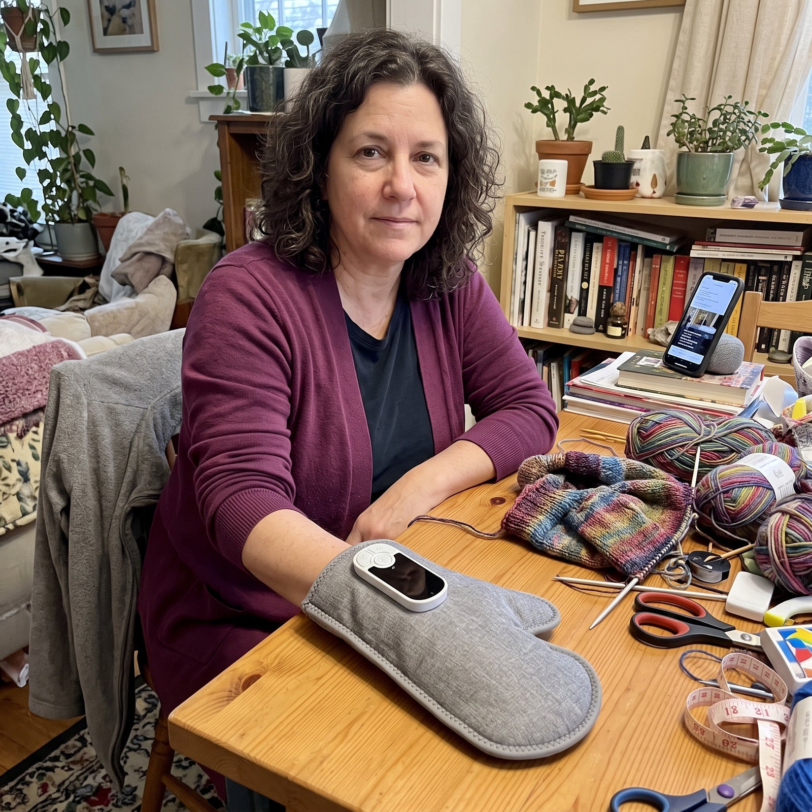 Sophie using Palmhaven beside her knitting materials